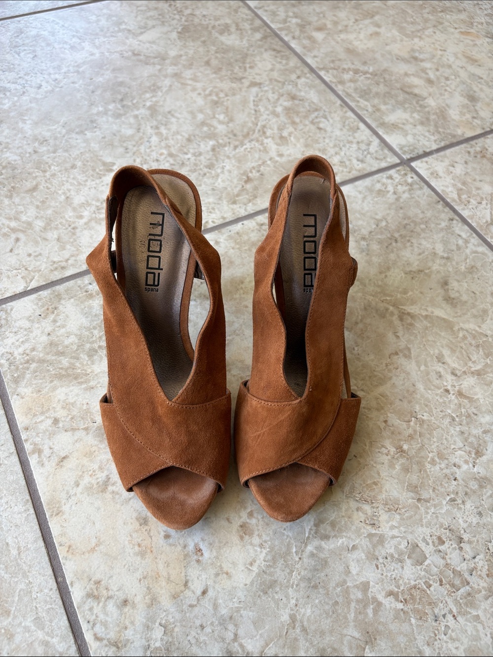 Moda Spana Rustic Brown Suede Peep-Toe Heels